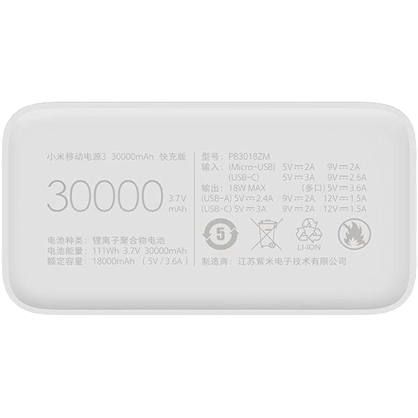 Xiaomi Mi Power Bank 3 30000 mAh 24W Fast Charge PB3018ZM White (VXN4307CN) Повербанк