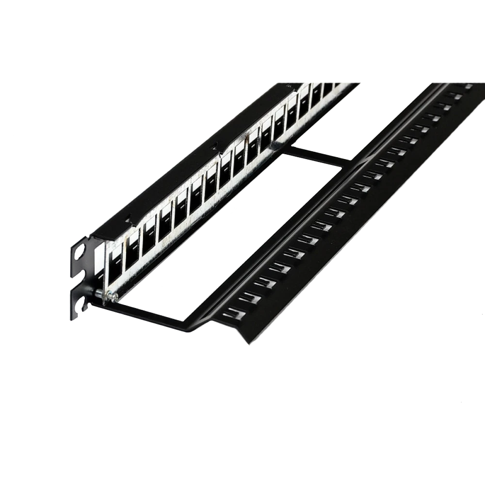 Патч-панель Патч-панель 19"  під 24 модуля Keystone, 1U із заднім організатором, заземл., чорна