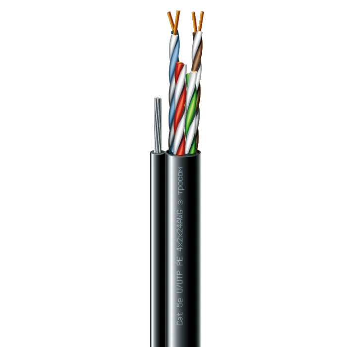 Кабель кручена пара ЗЗКМ (UTP мідь вуличний з тросом) Cat. 5e U/UTP РЕ steel cord 4x2x24 AWG (k) трос (70910181) бухта 305м